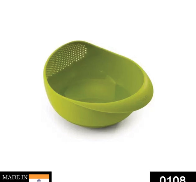 Large plastic rice bowl strainer, ideal for washing and storing grains.