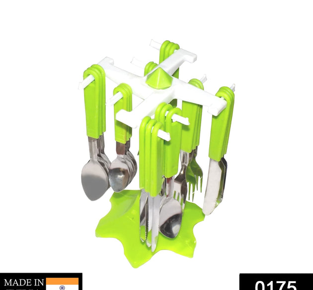 Stainless steel cutlery set with stand, 24 pieces for premium dining.