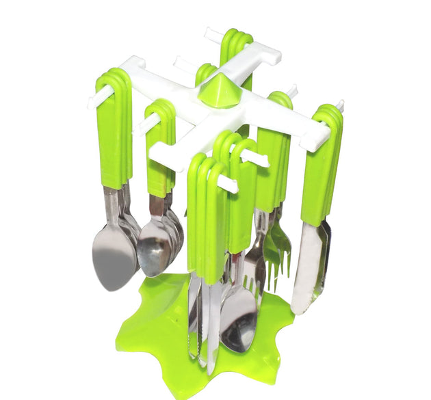 Stainless steel cutlery set with stand, 24 pieces for premium dining.