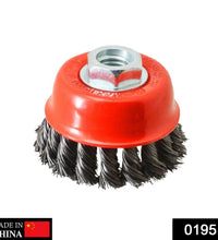 Wire cup brush in black for tough cleaning tasks.