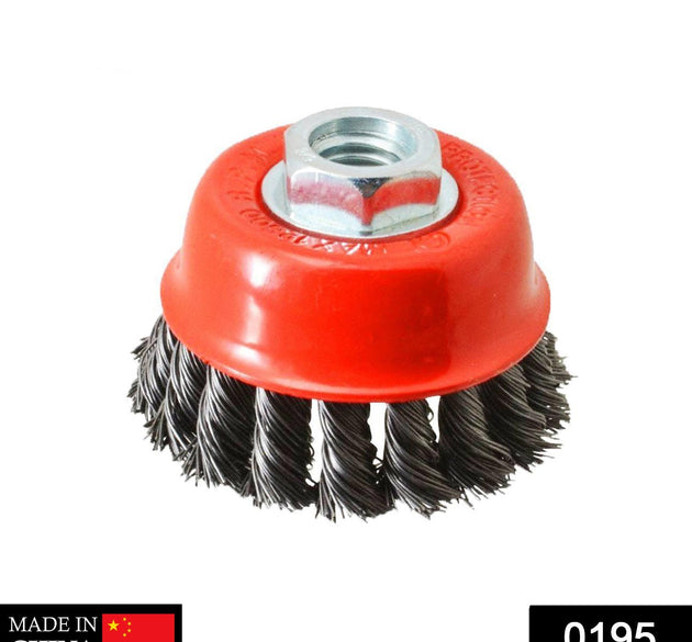 Black wire wheel cup brush for heavy-duty cleaning.