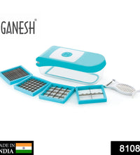 7-in-1 plastic vegetable dicer by Ganesh, blue color, various views.