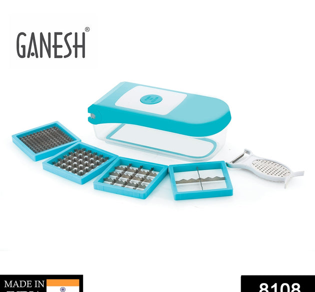 Ganesh 7-in-1 plastic vegetable dicer in blue, shown from different angles.