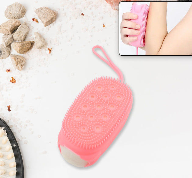 Soft silicone bath brush with dual sides for deep cleansing and exfoliation.