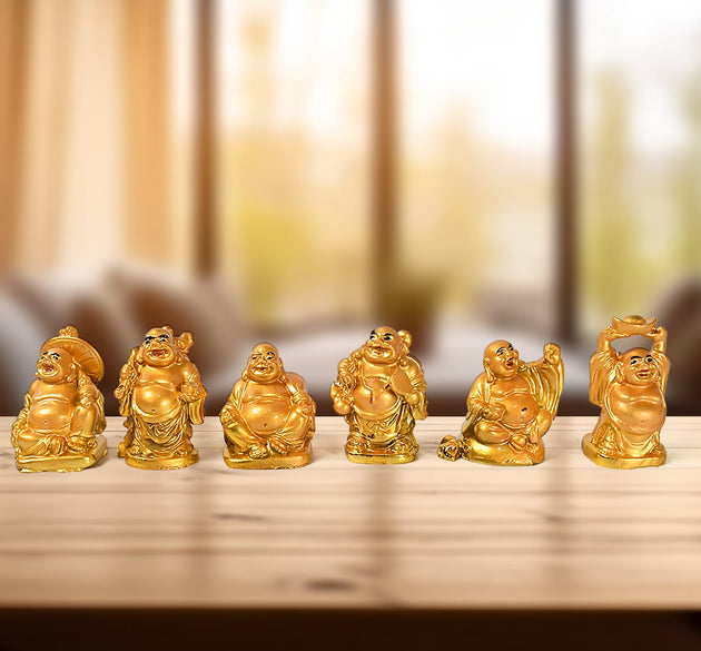 Golden Laughing Buddha Set Of Six Pieces Statue For Happiness, Wealth & Good luck Decor For Wealth and Success (6 Pcs Set)