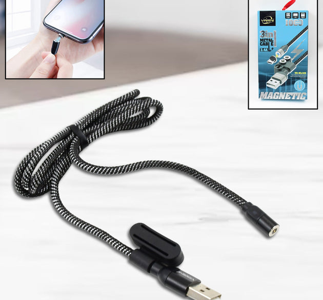 3 in 1 Magnetic USB Charging Cable | USB-c Android and Lightning with Extra Protecting Nylon| Strong Magnetic Cable with Full Rotation Support Fast Charging