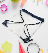 Waterproof plastic pouch with string closure, suitable for travel and sports.