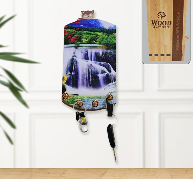 Wooden vertical scenery art with hooks for wall hanging.