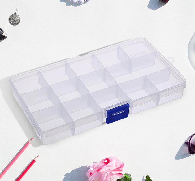 15 Grids Jewelry Organizer Plastic Jewelry Organizer Box Clear Jewelry Organizer Box Plastic Bead Organizers with Adjustable Dividers for Herbs Pills Bead, Jewelry, and Other Small Item (1 Pc)