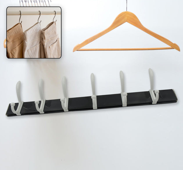 Cloth hanger, Wall Door Hooks Rail for Hanging Clothes for Hanging Hook Rack Rail, Extra Long Coat Hanger Wall Mount for Clothes, Jacket, Hats, 6 Hook With Eco-friendly Liquid Adhesive Glue