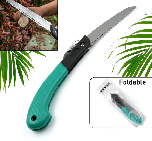 Folding handsaw for pruning, suitable for tree trimming, gardening, and cutting wood.