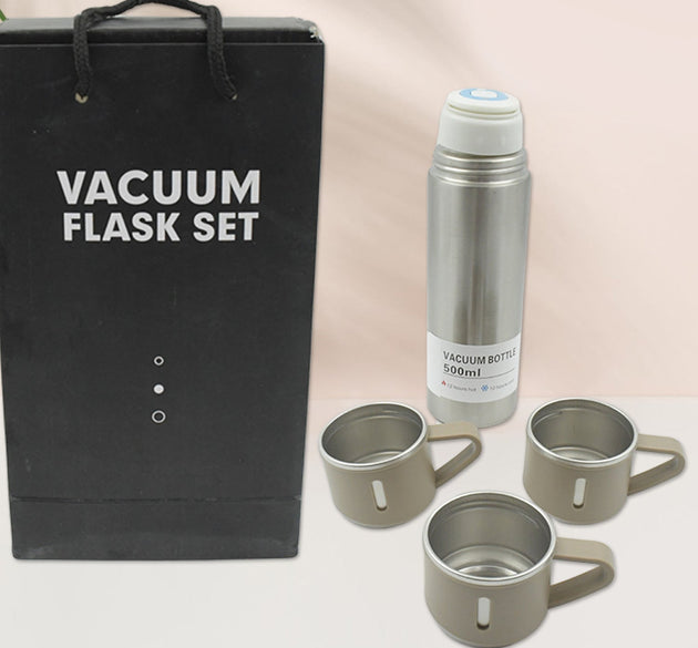 Stainless Steel Vacuum Flask Set with 3 Steel Cups Combo for Coffee Hot Drink and Cold Water Flask Ideal Gifting Travel Friendly Latest Flask Bottle. (500ml)