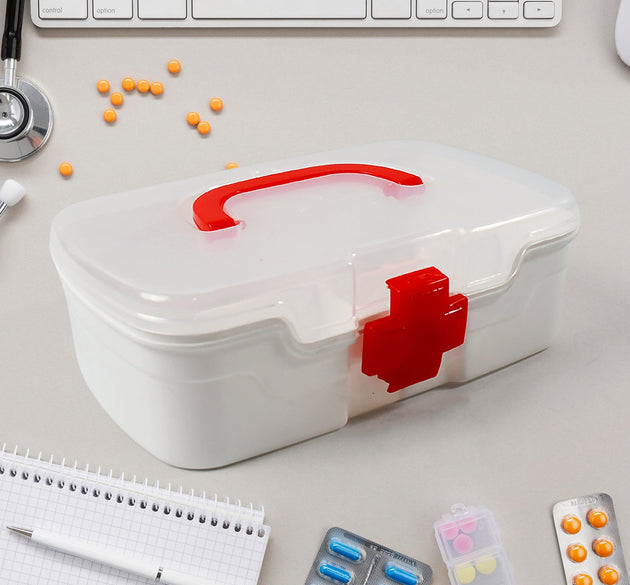 3 Compartment Medical Box, 1 Piece, Indoor Outdoor Medical Utility, Medicine Storage Box, Detachable Tray Medical Box Multi Purpose Regular Medicine, First Aid Box with Handle, Transparent Lid & Color Box 