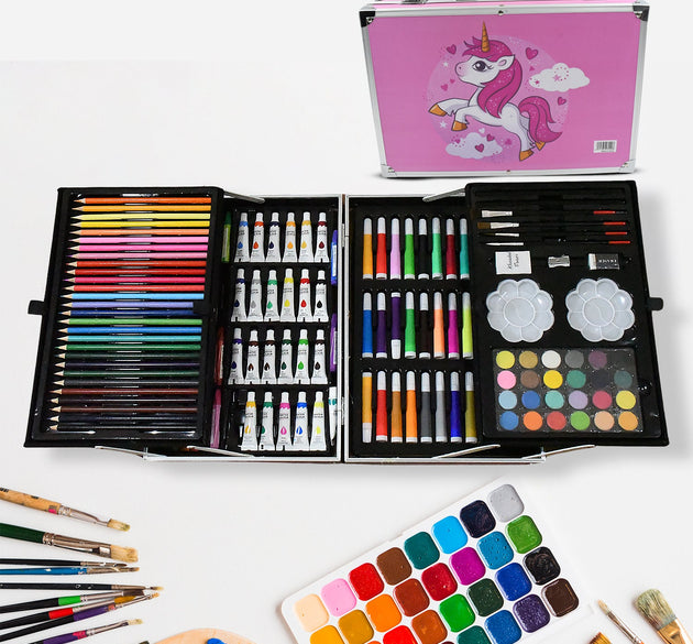 17980 Professional Art Set-Drawing Painting Sketching Coloring Kids Set All in 1 Art Case Perfect for Kids with Unicorn Design Case, Shading Crayons Oil Pastels Color Set Watercolor Cakes Paint Brush Sharpener Eraser (145 Pcs Set)