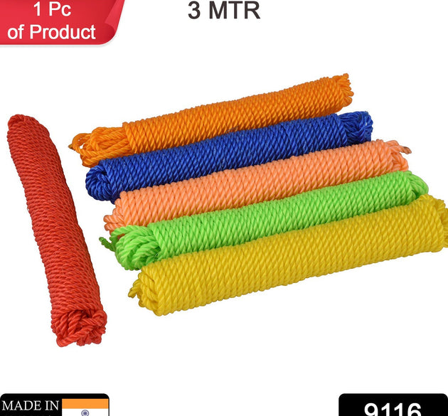 Heavy duty laundry drying rope in mixed colors, 3 meters long.