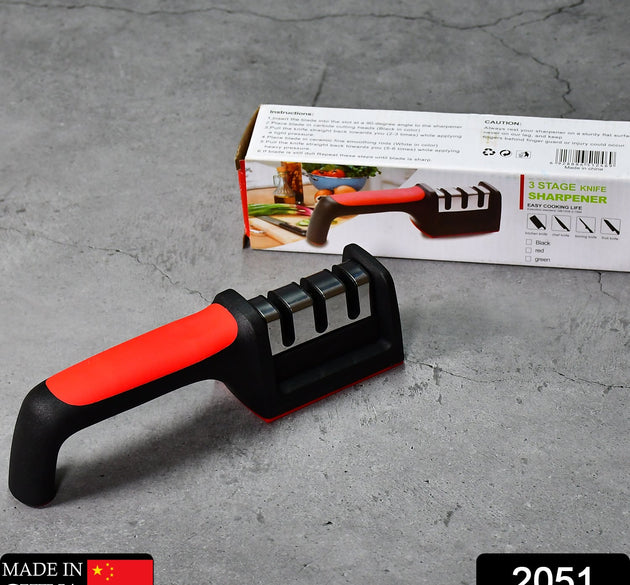 Red 3-stage knife sharpener for ceramic and steel knives