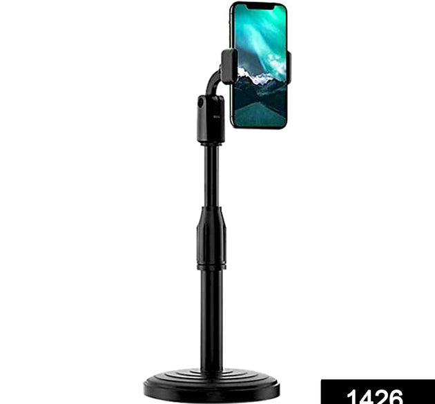 Height adjustable mobile stand for table, perfect for hands-free phone use on desktops.