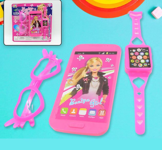 Barbiee Phone, Watch and Glasses Set for Girls, Beautiful Barbie Musical phone ABS Plastic Toy Battery Operated Barbie Glass | Musical Mobile Phone  / Toddler / Toy Phone for Kids / Calling Toy Phone (3 Pcs Set, Battery Not Included)