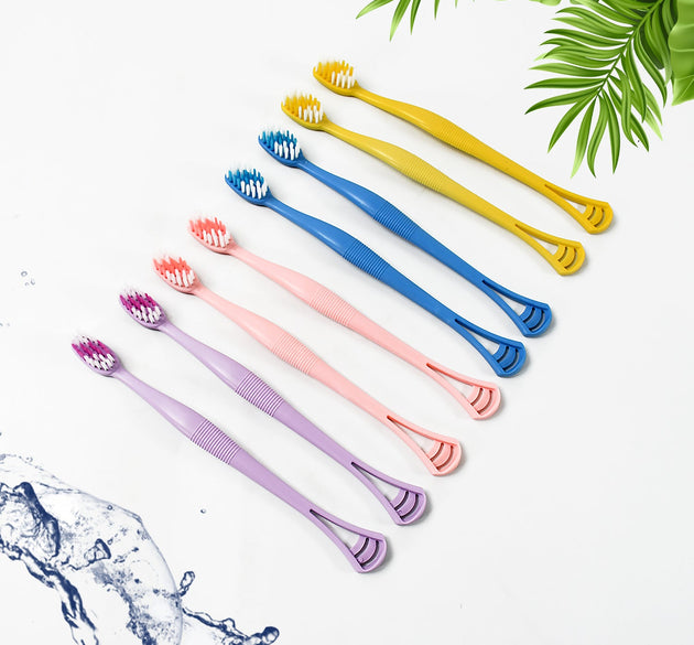 2-in-1 Tooth Brush with Tongue Scraper, Soft Bristle & Long Handle (8Pcs) Soft Toothbrush