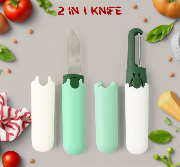 2 in 1 Knife, Multifunctional peeler Two in one fruit knife, fruit and vegetable cutting knife+sawtooth peeler, apple, carrot, potato, fruit slice antiskid