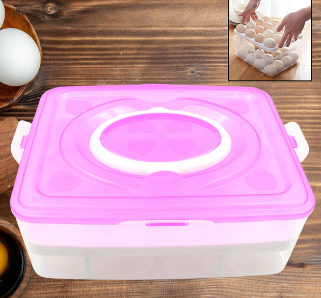 2Layer, 32 Grid Egg Tray with Lid Egg Carrier Holder for Refrigerator, Camping Food Storage Container with Handle (1 Pc )