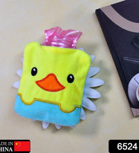 Cute yellow duck hot water bag with cover for neck pain relief.