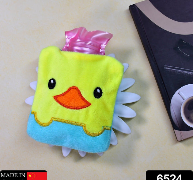 Small hot water bag with yellow duck design for pain relief.