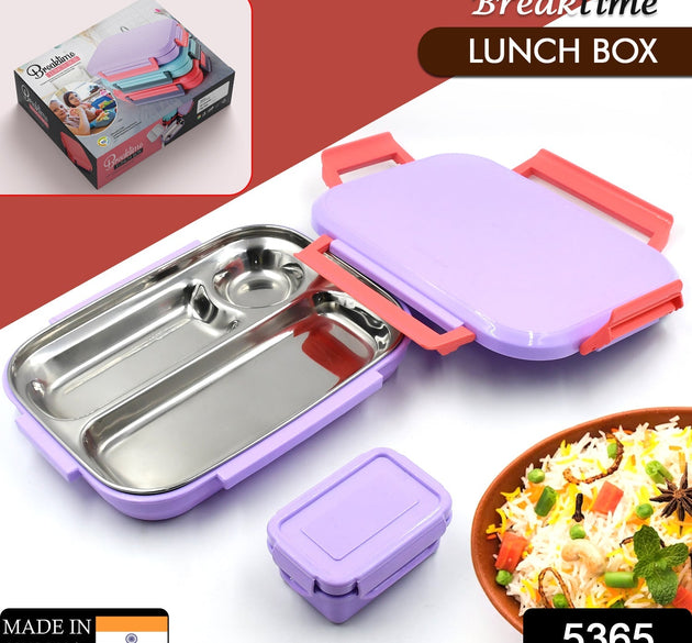 Small lunch box, pink and blue plastic, with steel plate, kids school.