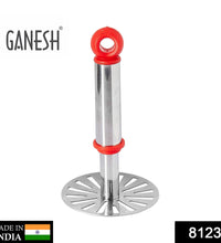 Silver and plastic potato masher, Ganesh brand, with plastic handle, oval design.