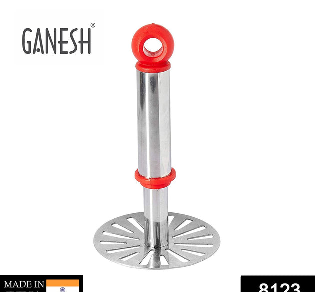 Ganesh potato/pav bhaji masher with plastic handle, silver and plastic, oval shape.