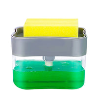 Modern soap dispenser with sponge storage feature.