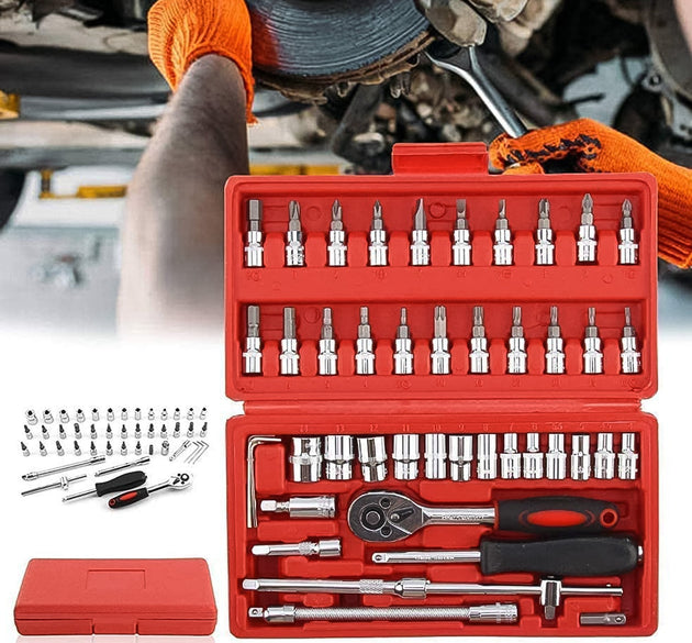 Socket 1 / 4 Inch Combination Repair Tool Kit (Red, 46 pcs)