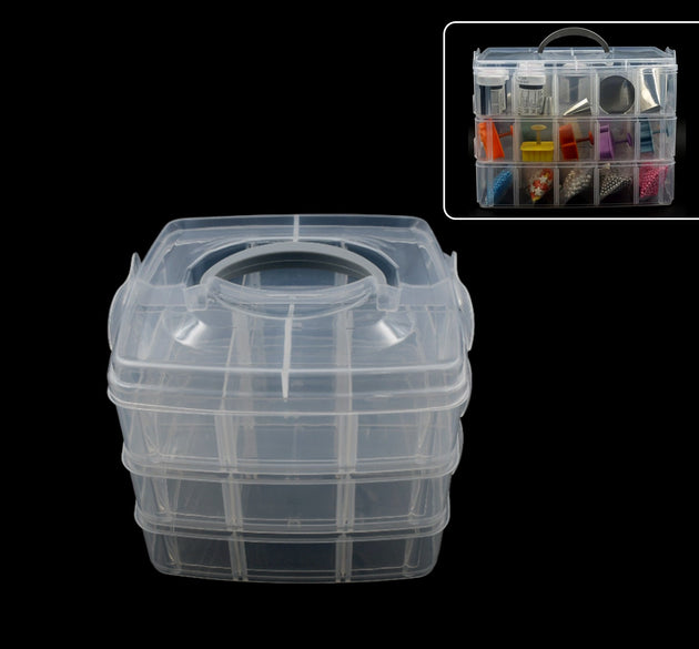 Transparent 18-grid organizer box with adjustable dividers for jewelry and hooks.