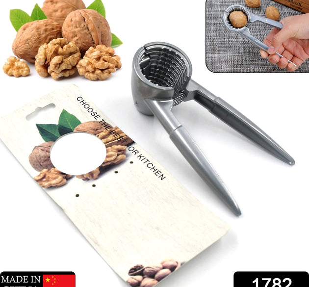 Close-up of a luxury stainless steel walnut cracker with ergonomic design