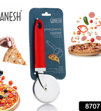 Stainless steel pizza cutter wheel by Ganesh, angled view.