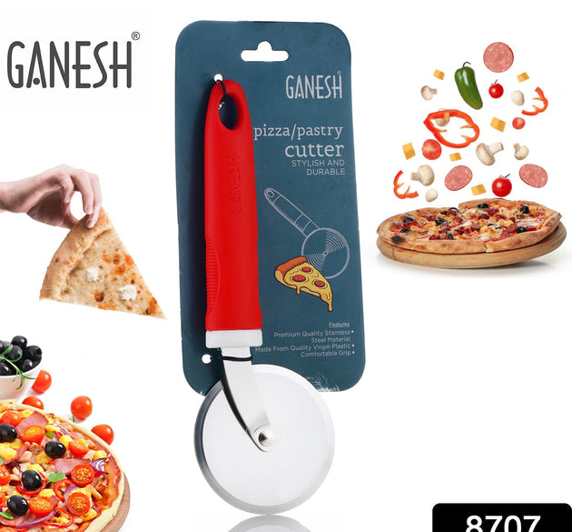 Ganesh pizza cutter wheel, stainless steel, close-up view.