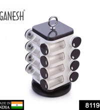 16-piece revolving spice rack by Ganesh, 100 ml dispensers, plastic, ABS material.