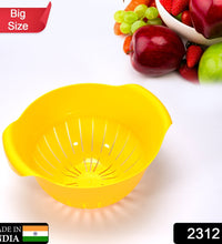 Plastic bowl with built-in strainer for noodles.