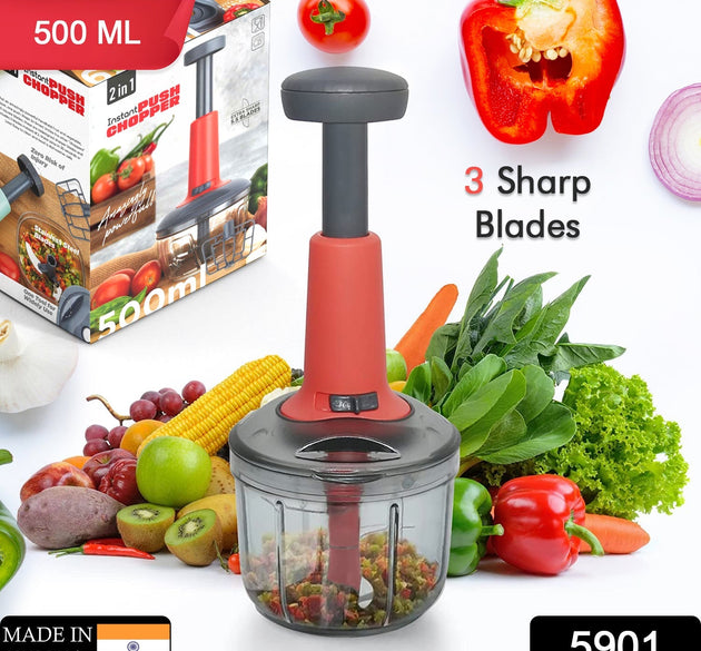 Matte finish hand press chopper, compact size, 3 blades