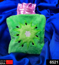 Hot water bag in green sun design, ideal for relieving neck and shoulder pain