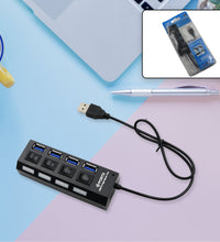 4-port USB hub with on/off switches and LED indicators