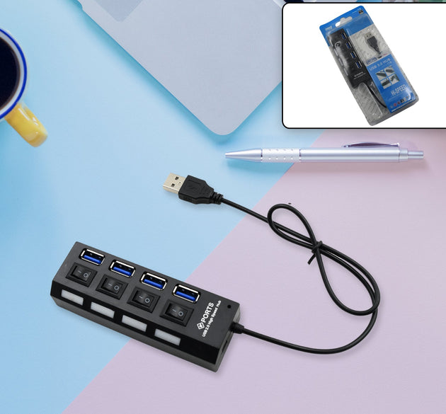 4-port USB hub with on/off switches and LED indicators