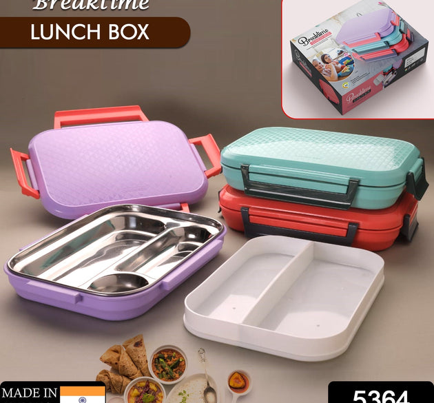 Multi-compartment lunch box with steel plates and a lid.