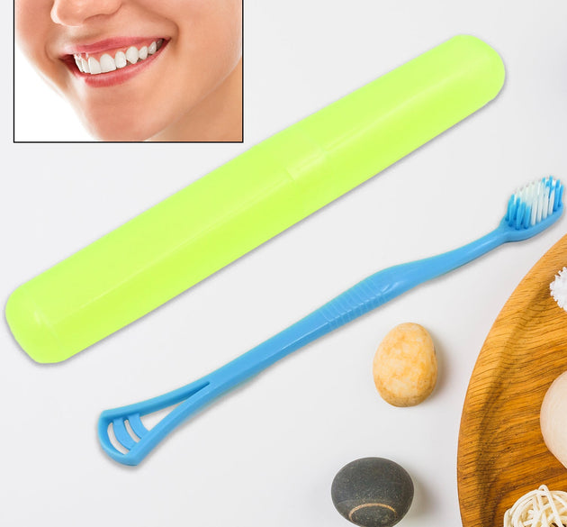 2 in 1 Soft Toothbrush and Tongue With Toothbrush Cover Cleaner Scraper for Men and Women, Kids, Adults Plastic Toothbrush Cover / Case / Holder (1 Pc)