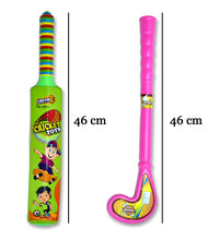 Plastic bat, ball, and hockey set in vibrant colors for children