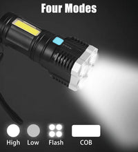 Rechargeable LED flashlight with 800 lumens and multiple modes for emergencies