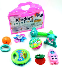 Assorted baby rattles featuring various shapes and colors for baby playtime.