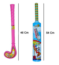 Plastic bat, ball, and hockey combo for kids with colorful design