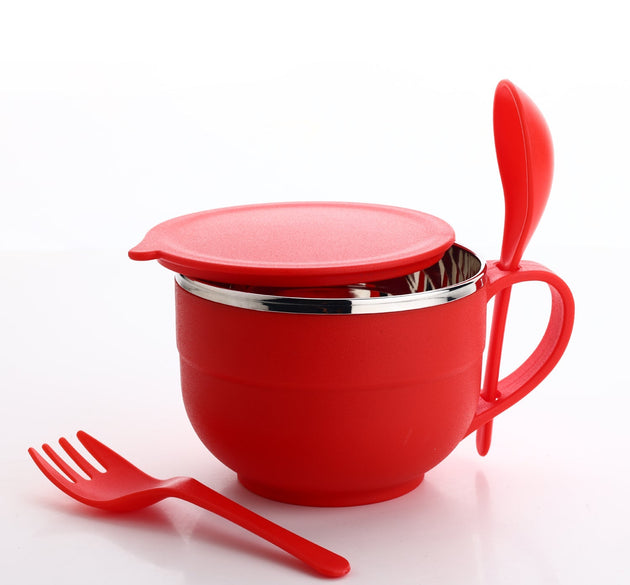 Stainless steel bowl with spoon and fork for noodles and soup