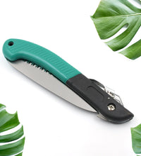 Compact folding handsaw for tree trimming, wood cutting, and PVC, suitable for camping.